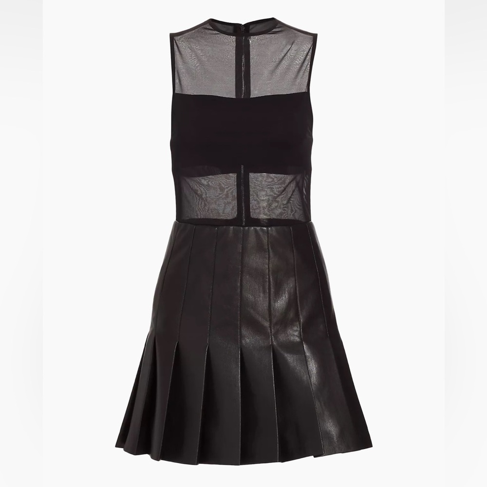 Alice and Olivia Chara Mesh & Faux Leather A-Line Minidress